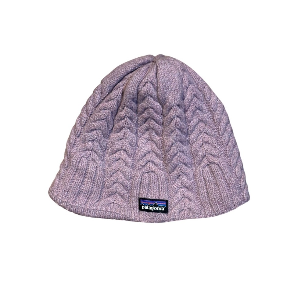 Patagonia Womens Dusty Pink Fleece Lined Cable‎ Knit beanie hat Logo Unisex OS